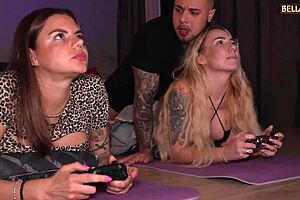 my italian neighbor slut takes turns riding our cocks while we play video games with my friend cumshot threesome