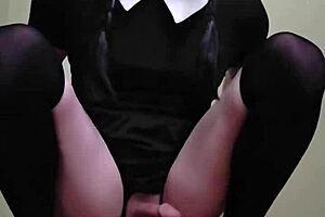 ts wednesday addams in heels and lingerie cums hard shoving huge dildo up her tight ass