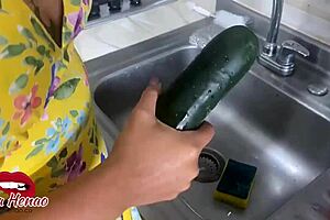 Fetish slut masturbates with huge cucumber in wet pussy for american lover squirting orgasm in miami
