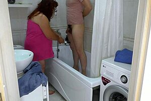 mature fat milf sucks cock in bath then anal garage pound