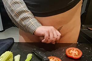 Milf housewife torments huge cock with urethral insertion cucumber bdsm kitchen domination 😈🔥 episode 1/3