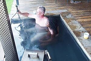 Ebony Secretary Rips Clothes for Dripping Wet Boss Fuck in Steamy Hottub