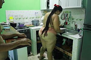 Kitchen Fuck with Wife's Skinny Lingerie Sister Missionary Cum on Tits