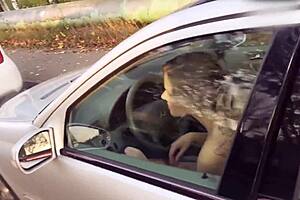 Crazy German exhibitionist flashes naked car fuck daytime public