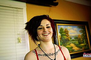 petite inked brunette coed marcie teases with dildo toy play building to intense solo orgasm