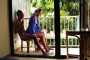 Janitor nails busty beauty on public balcony