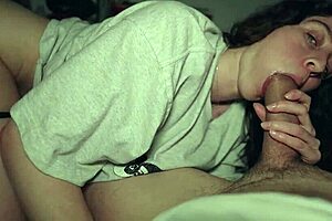 College slut teases and sucks big white cock in dorm
