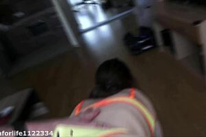 pov round ass petite fucked in leather harness with cum