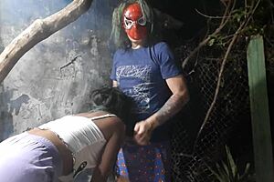 spider-man fucks young brunette in ass at halloween party while family watches